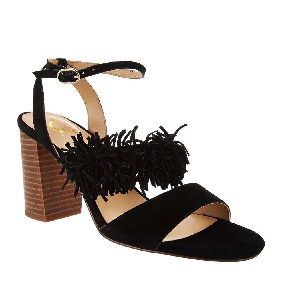 NWB C Wonder Gabrielle Black Slingback Heels Sandals Leather Suede Fringe Sz 8